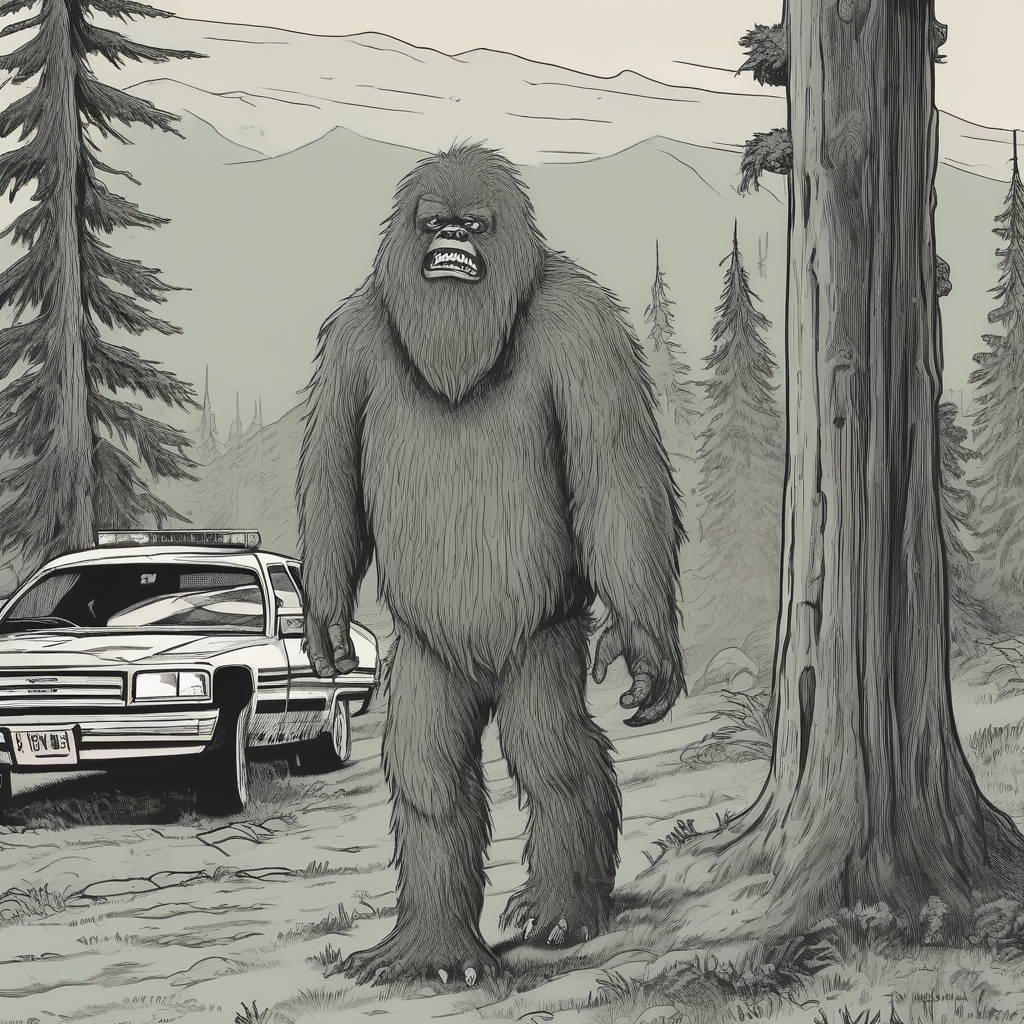 Sasquatch's traffic stop: neighbor's car idles as he holds the flyer.